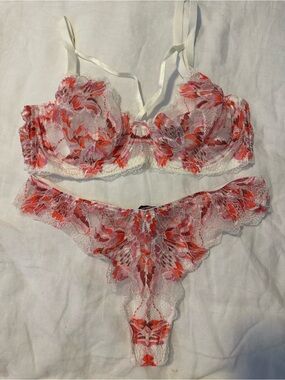 Cosabella White Lace Underwire Bra & Thong with Coral Floral Embroidery